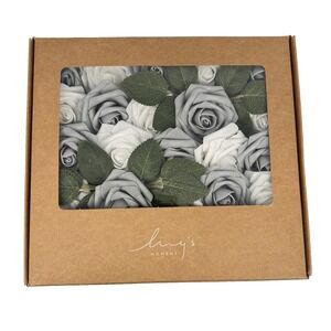 Ling's Moment White &‎ Silver Gray Rose Artificial Flowers 25pcs Foam Stems 3"